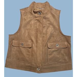 Black Label Chicos Faux Suede Concealed Button Up Vest Sz 2 M Tan Safari Utility